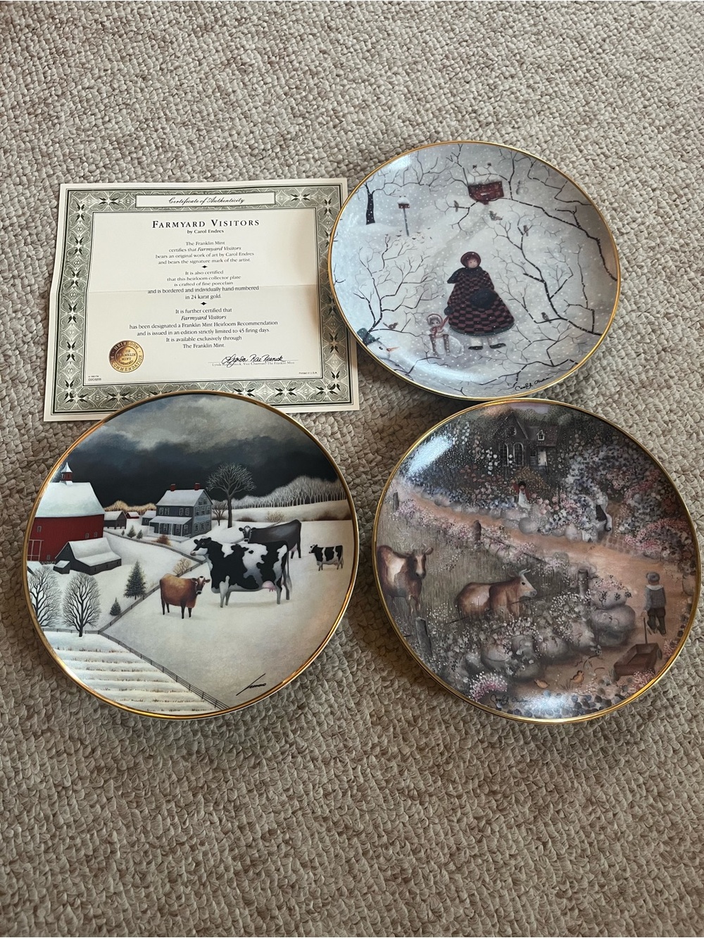 Farmyard Visitors Decorative Winter Scene Plate - Set of 3